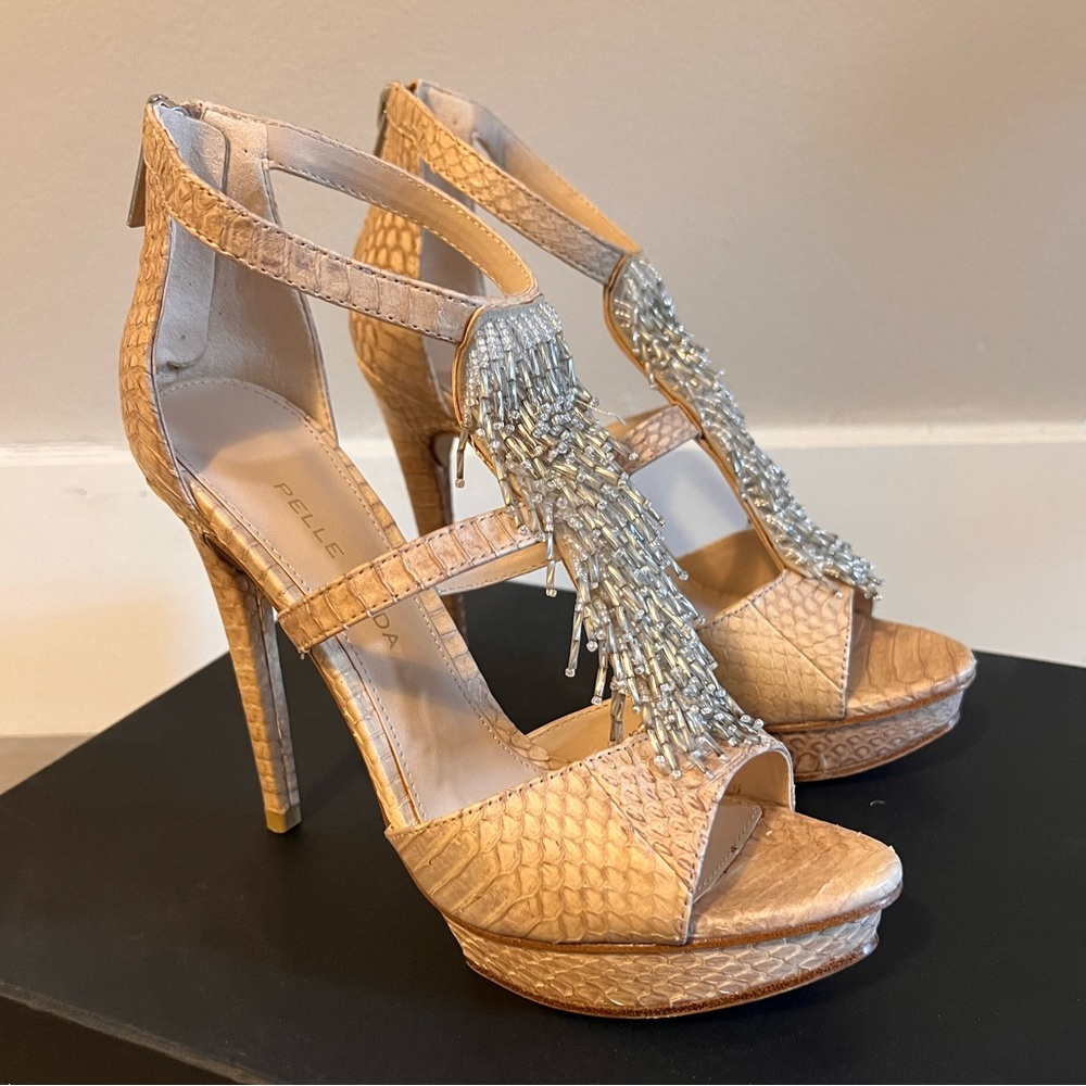 PM Pelle Moda Blush Open Toe Heels with Fringe